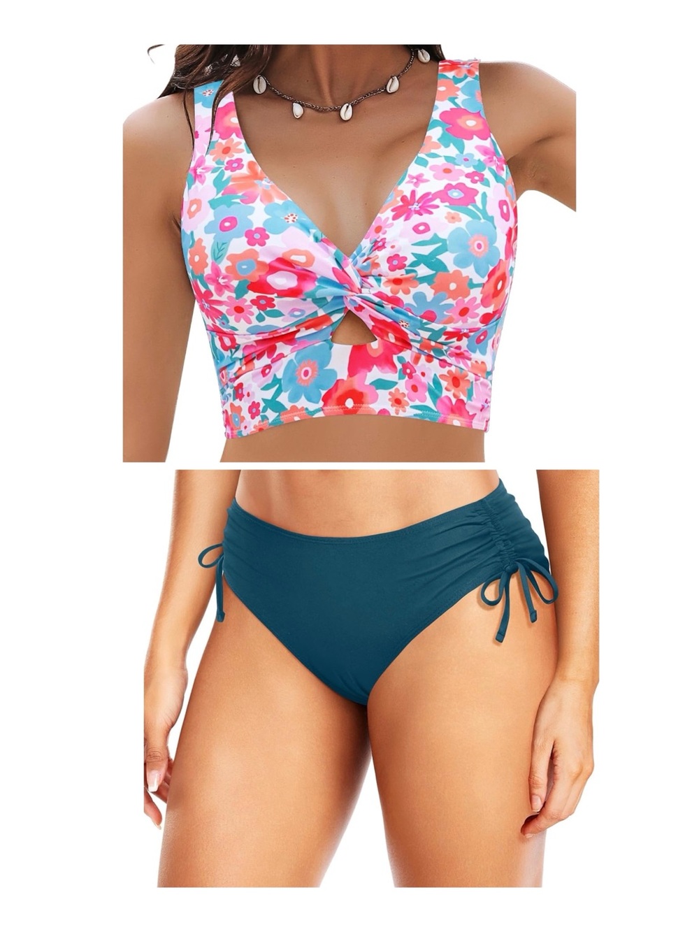 Cocopear Floral Twist-Front Bikini Top with Daci Teal High-Waist Bottom large
